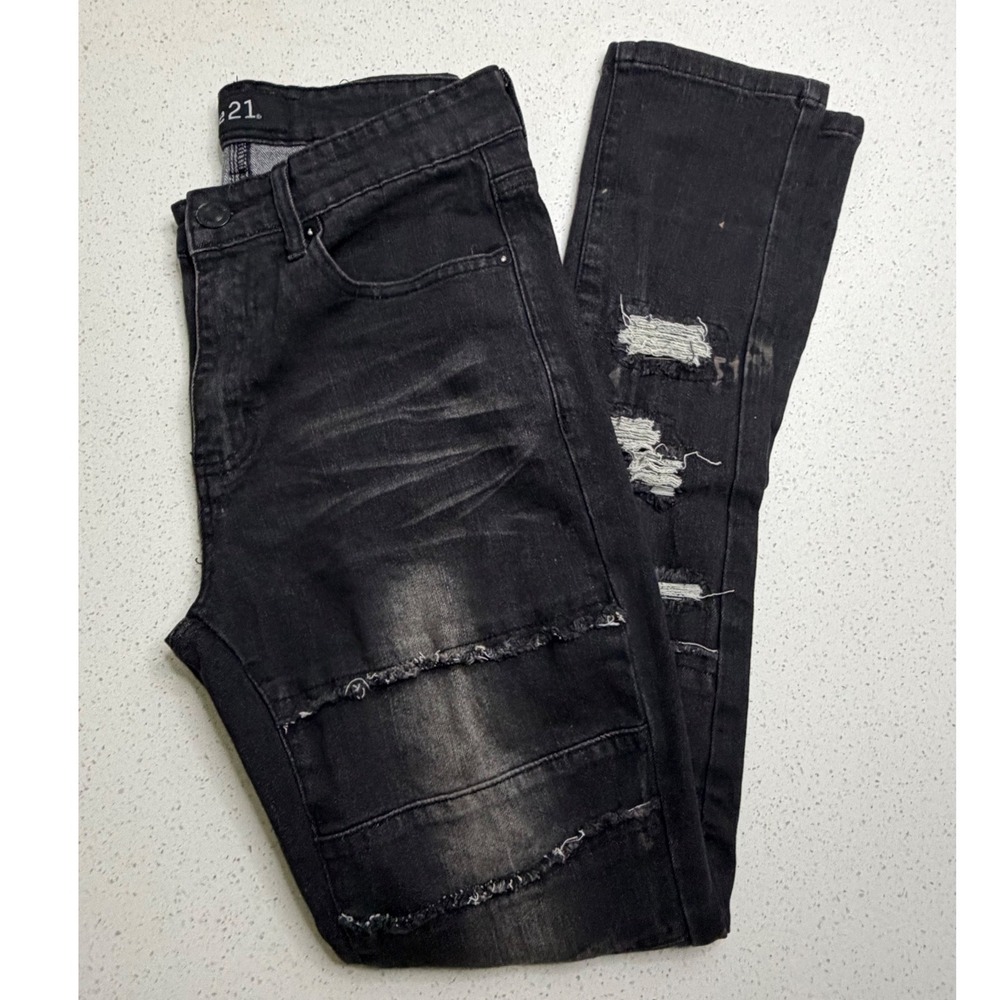 Rue21 Mens Black Distressed Skinny Jeans Frayed Seam Edgy Streetwear Size 30x31